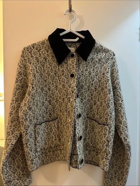 Sandro Black-Cream Textured Cropped Teddy Jacket